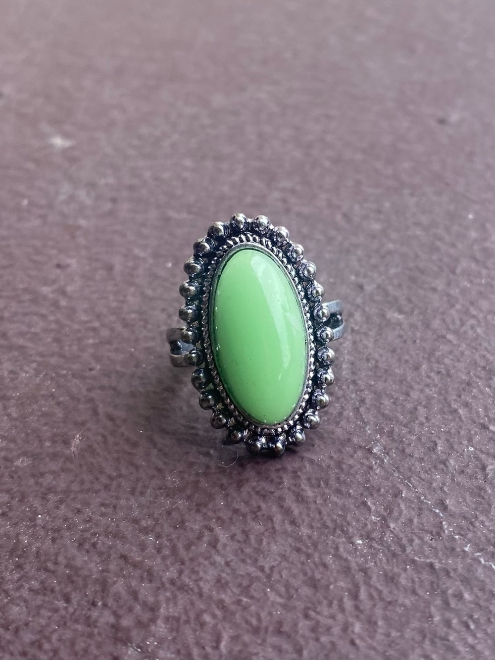 Lime Green Oval Cabochon Statement Ring Tibetan Silver Size 6